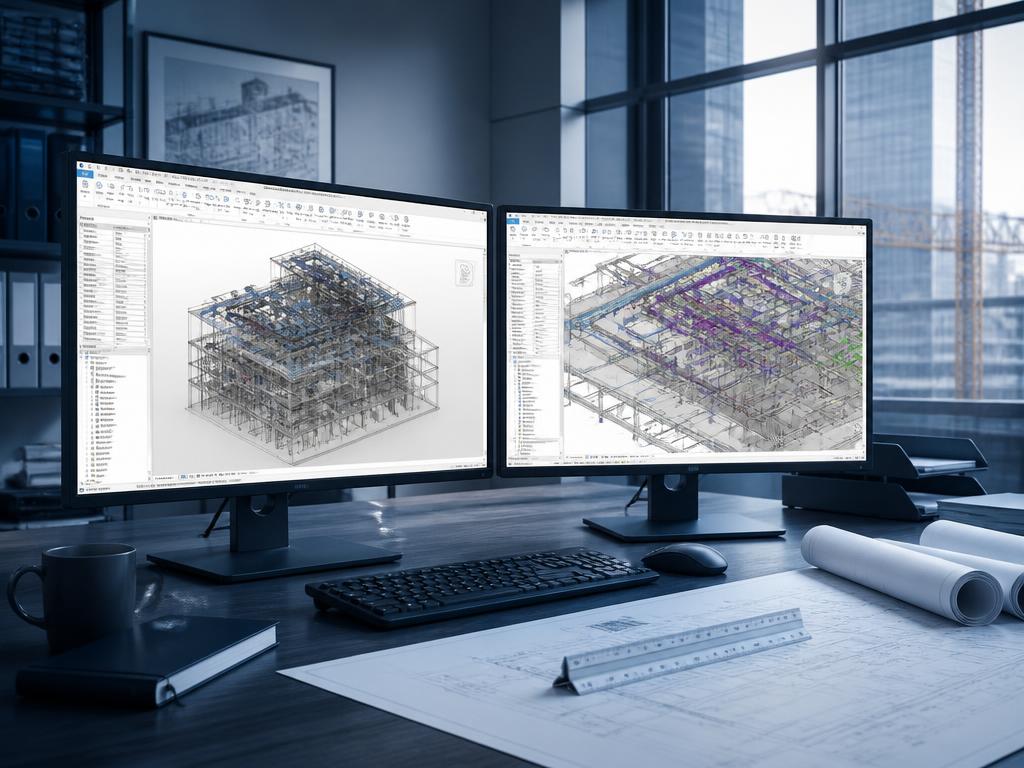 Dual-monitor design workstation displaying Revit mechanical and electrical building models beside rolled technical drawings