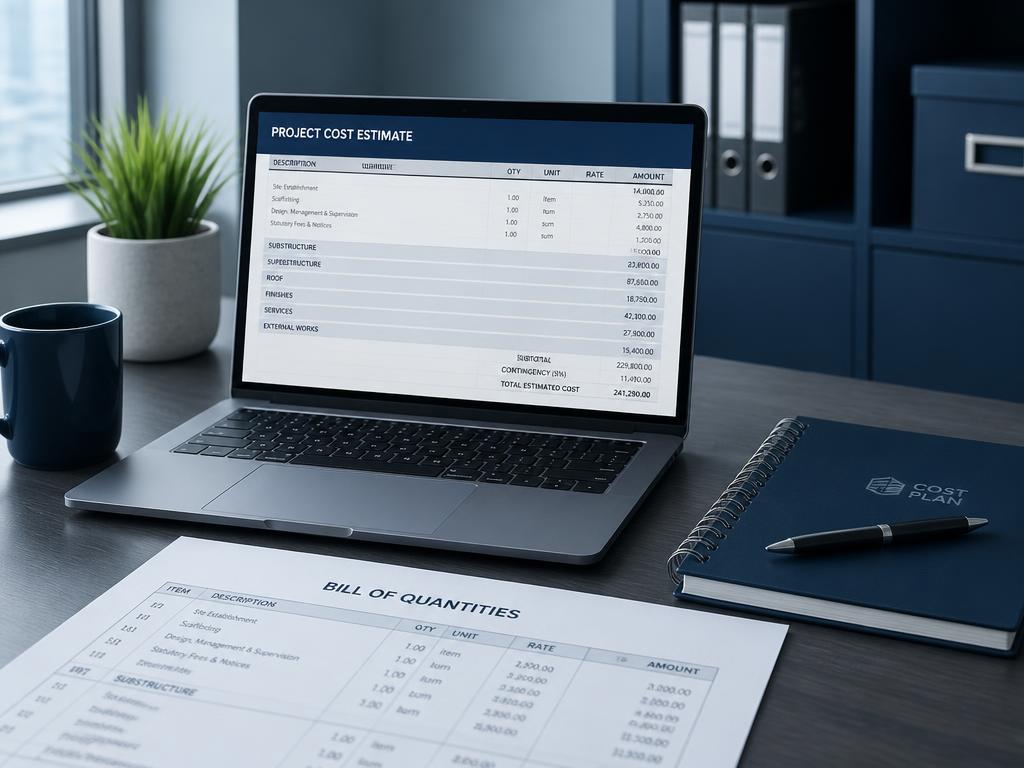 Office desk with a laptop showing a project cost estimate spreadsheet alongside a printed bill of quantities