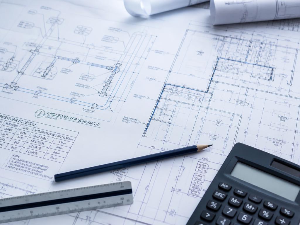 M&E design drawings showing a chilled water schematic and pipework schedule with a pencil, scale rule and calculator