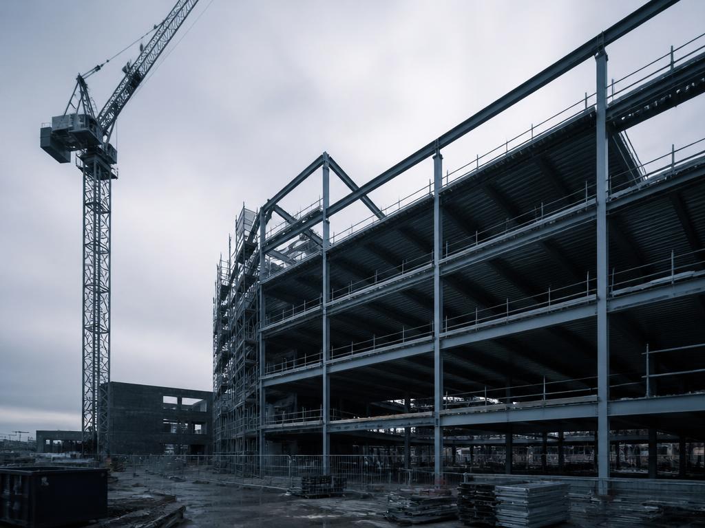 Steel-frame commercial building under construction with scaffolding and a tower crane beneath an overcast North West sky