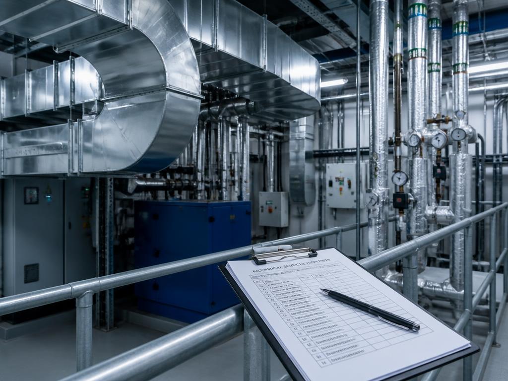 Building plant room with galvanised ductwork and insulated pipework, and a mechanical services inspection checklist on a clipboard
